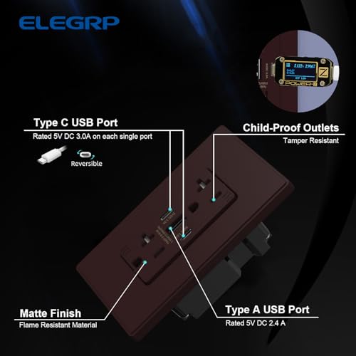 Image of ELEGRP USB Outlets, 30W 6.0 Amp USB C Outlets Receptacles, 3-Port USB Wall Outlet, 20 Amp Tamper-Resistant Outlet with 2 USB C Ports, UL Listed, Screwless Wall Plate Included, 10 Pack, Matte Brown