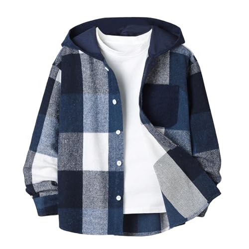 Boys Plaid Jacket Kids Hooded Button Long Sleeve Autumn Coats Fashion Outerwear Jacket for 8-12 Years