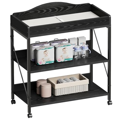 Image of Baby Changing Table, Diaper Station with Pad, 2-Tier Shelves, Mobile, Black