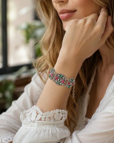 Image of Touchstone Indian bracelets for women mixed metal cuff crystal rhinestones bracelet handcrafted wrist enhancer free size designer in gold or oxidized white tone
