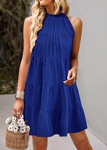 Image of KIRUNDO Summer Sundresses for Women Halter Dress Babydoll | Spring Sleeveless Halter Top, Flowy Tiered Pleated, Western Cute Country Concert, Beach Wedding Guest Vacation Cruise Dress
