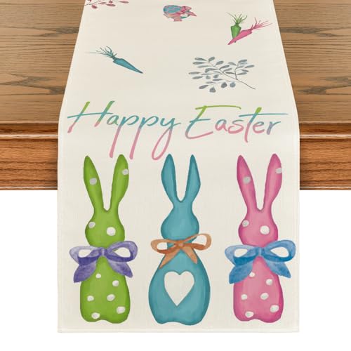 Artoid Mode Green Blue Pink Rabbit Bunny Happy Easter Table Runner, Seasonal Holiday Kitchen Dining Table Decoration for Home Party Decor 13 x 90 Inch