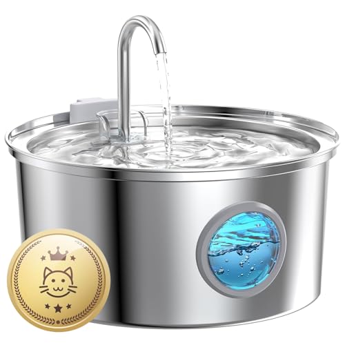 Katzenbrunnen Edelstahl Trinkbrunnen für Katzen: Ultra leiser 3.2L Wasserbrunnen mit Wasserstandsfenster - Auch für Hunde geeignet