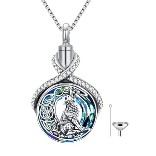 Collier urne loup en argent et cristal pour cendres, cadeau de commémoration pour femme