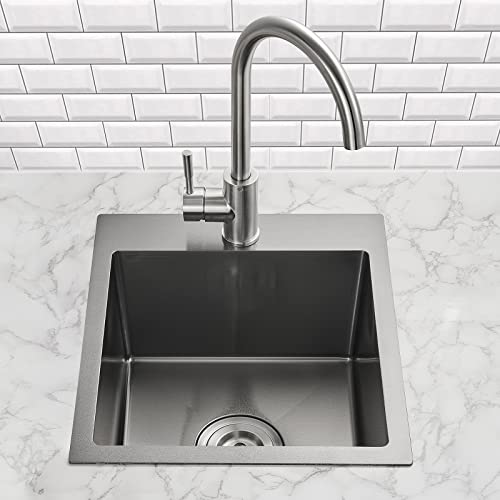 15 Inch Bar Sink, Kinkib Drop In Topmount Bar Sink Or Prep Kitchen Sink Black, Handmade Single Bowl T-304 Stainless Steel Small Overmount Kitchen Sink With Basket Strainer #TOP6