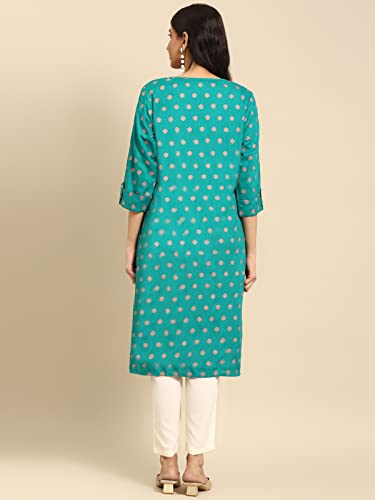 Image of rangita Turquoise Rayon Calf Length Printed A-line Kurti for Women | Kurta for Women