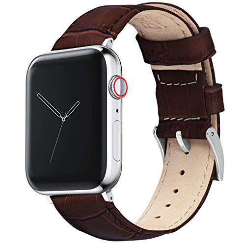 BARTON WATCH BANDS - Coffee Brown & Stainless Hardware Alligator Grain Leather Watch Bands Compatible with Apple Watch Models - 1, 2, 3, 4, 5, 6, 7, 8, 9, 10, SE, Ultra & Ultra 2 - (38mm/40mm/41mm)