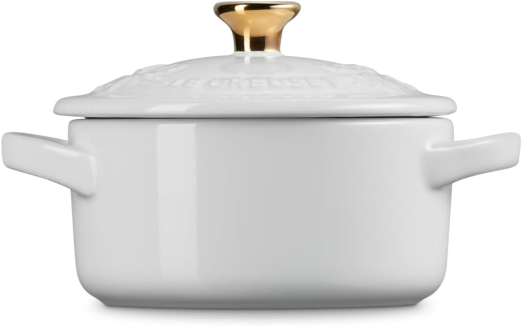 Le Creuset Stoneware Holly Collection Mini Round Cocotte, 8 Oz, White with Gold Knob