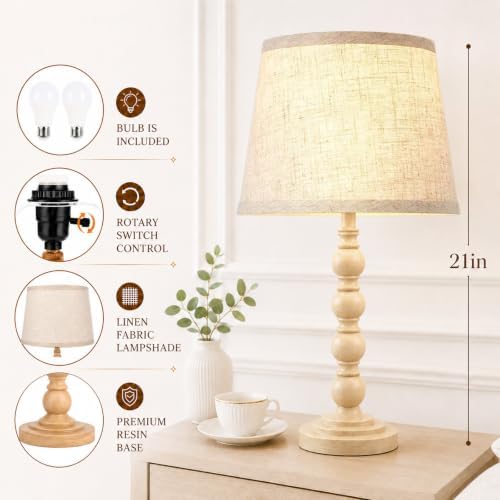 Farmhouse Table Lamps Set of 2, 21" Vintage Nightstand Desk Lamps with Linen Shades, Rustic Resin Bedside Lamps for Bedroom, Living Room, Office, Includes LED Bulbs with 3 light settings, Beige — view 3