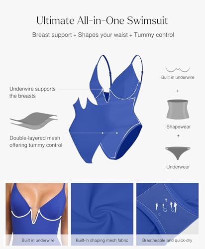 Image of Popilush One Piece Swimsuits for Women Tummy Control Deep V Neck Underwire Shapewear Swimsuit Summer Bathing Suits
