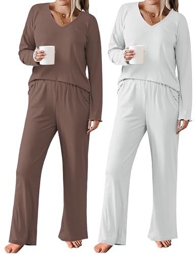Ekouaer 2 Pack：Womens Ribbed Knit Pajama Set with Pockets Long Sleeve PJs V Neck Soft Loungewear Loose Matching Outfits Set