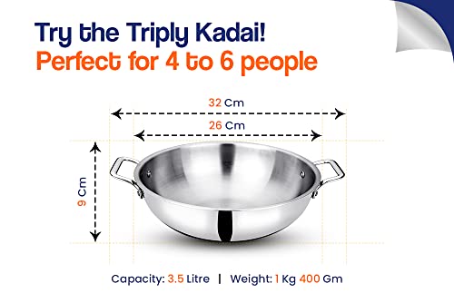 Image of Bhalaria Triply Stainless Steel Kadai 26cm 3.5 Litre | Induction Base Heavy Gauge 3 Layer Body | Deep Fry Pan Wok for Sabzi, Curry & Frying | Food Grade Steel | Gas Compatible | Dishwasher Safe