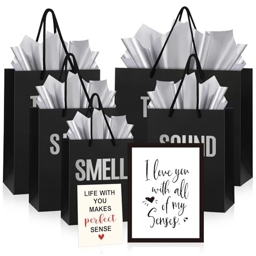 Kolldenn 5 Pcs 5 Senses Gift Bags for Him or Her Five Senses Bags with Handles Tissue Paper Kraft Envelope Greeting Card for Birthday Wedding Anniversary DIY Gift(Size A,Black Silver)