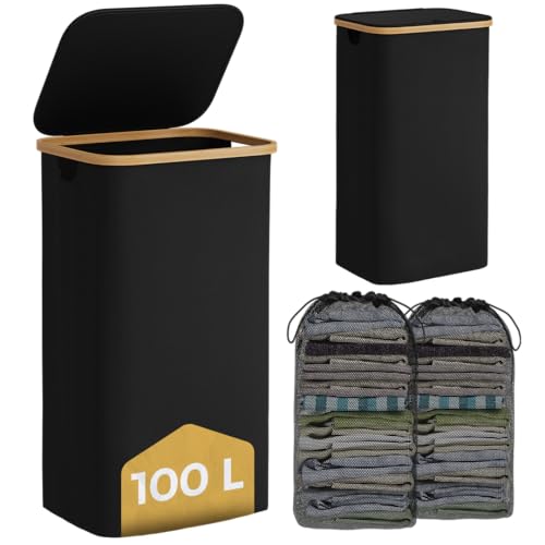 Bellamio Tolt Wäschekorb 2 Fächer schwarz – Wäschesammler 100 L mit Deckel – Wäschesammelbox aus Oxford-Gewebe mit Bambusring – Schmutzwäschebehälter mit herausnehmbarem Wäschesack – Wäschetonne hoch