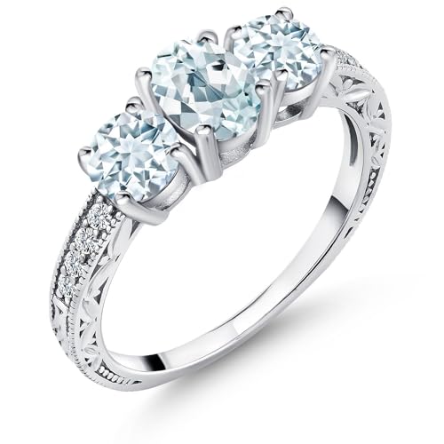 1.87 Cttw Sky Blue Aquamarine 3-Stone Engagement Ring For Women | 925 Sterling Silver | 3 Stone Wedding Anniversary Promise Ring | Oval 7X5MM and Round 5MM | Available in size 5, 6, 7, 8, 9