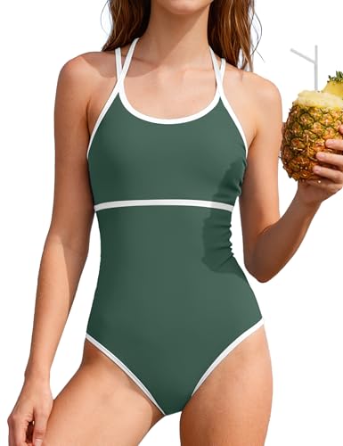 Image of WIQI Girls Swimsuit One Piece Bathing Suit Color Contrast Trim Girls' Swimwear with Cover Up Skirt Size 9-16