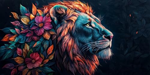 Diamond painting lion fleurs 50x100cm pour adulte broderie diamant ronde