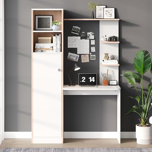 Soweiz Escritorio de trabajo con almacenamiento, color blanco con contrastes de madera contrastada, armario inferior con puertas y estante superior abierto, 123,5 x 45 x 168,5 cm