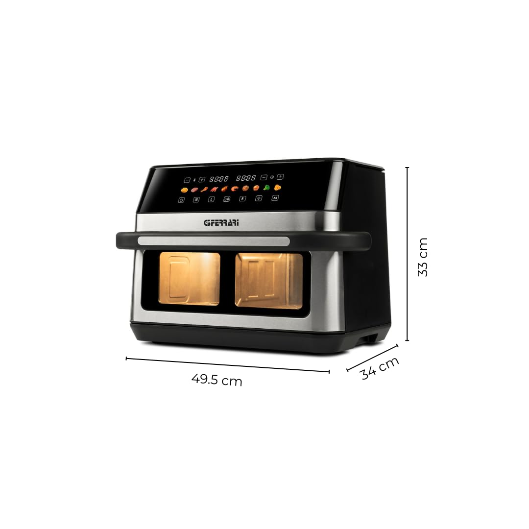 G3 Ferrari G10223 Friggitrice ad Aria, "Friggisano 6+6", 2200 W, 12 Lt, 10 Programmi, Display a Colori, Funzione Essiccatore, Luce Interna, Contenitore e Vassoio Antiaderenti, Ricettario Incluso