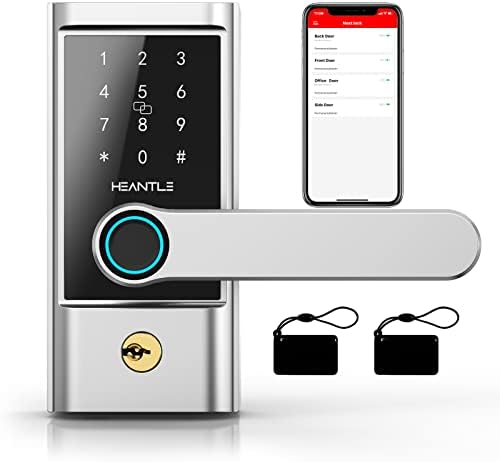 Smart Lock Keyless Entry Door Locks - HEANTLE Fingerprint Bluetooth Electronic Lever Touchscreen Keypad Deadbolt Alternative Digital Handle for Front Door Auto Lock Works with Alexa Google Home Silver