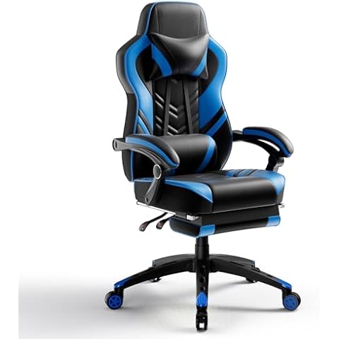 POWERSTONE Gaming Chair Video Game Chair with Footrest and Lumbar Support Racing Style PU Leather Computer Chair Ergonomic Adjustable Swivel Task Chair Blue Cover