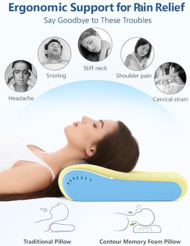 Image of ๐ ๐๐ฅ๐ข๐ซ๐ Memory Foam Pillow, Contour Cervical Orthopedic Memory Foam Pillows Supports Neck Pain and Shoulder Pain for Sleeping, Ergonomic Cervical Neck Support Pillow