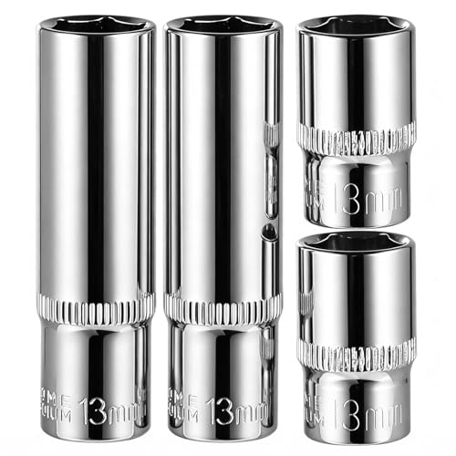4-Piece 13mm Socket Set 3/8-Inch Drive 6-Point Deep & Shallow Sockets Corrosion Resistance Compatible with Standard Ratchet Wrenches and Tools