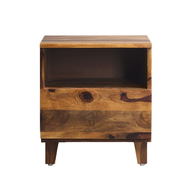 Image of Solid Sheesham Wood Bedside Table for Bedroom | Modern Wooden Nightstand with Storage Shelf & Drawer (Honey Finish)