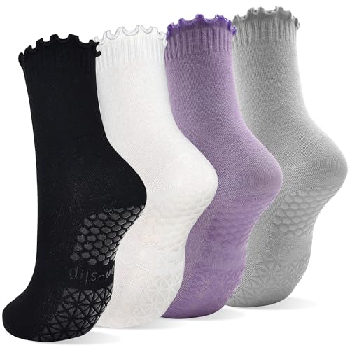 SkiBeaut Calcetines de pilates, calcetines de yoga, 4 pares, antideslizantes, para reformador, calcetines de hospital para ancianos, embarazadas, #03 negro, gris, blanco y morado, 4 pares, 5-9