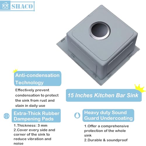 Image of SHACO 15x15 Inch Drop In Bar Sink,15 Inch Stainless Steel Top mount Small Single Bowl Kitchen Bar Sink,16 Gauge Brushed Nickel Small Kitchen Prep Sink with Strainer Drain