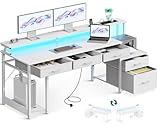 Coleshome Computer Desk with Drawers, 162x48cm Office Desk with LED Lights & Power Oultet, Reversible PC Study Table with Storage, White