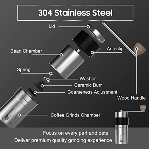 Simcoker Manual Coffee Grinder Ceramic Burrs Hand Coffee Grinder 304 Stainless Steel Compact Size, Includes Cleaning Brush, Storage Pouch #TOP3