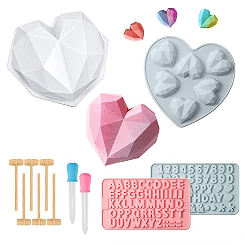 Moule à Gâteau Silicone Coeur 3D Diamant Coeur Silicone Moule Forme de Coeur au Chocolat Moulle Magnum Cake Moule à Gâteau Alphanumérique avec Compte-Gouttes et Marteaux en Bois Cover