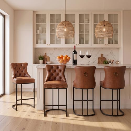 Image of UVV Counter Height Bar Stools Set of 4, 26 inch Modern Barstools with Back, Faux Leather Upholstery Counter Chairs with Metal Legs for Kitchen Island, Bar, Counter, Brown