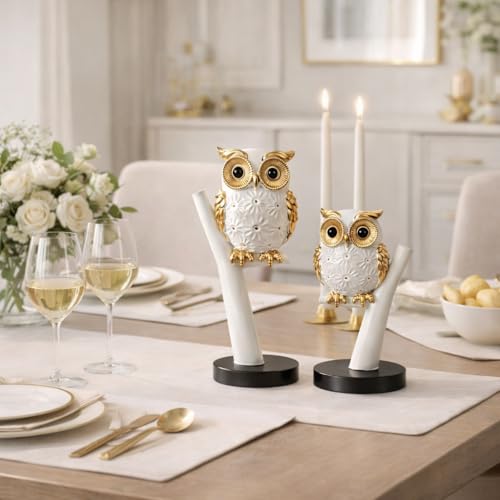 Image of Xtore 2 pc Decorative Owl Handicraft Figurine with Metallic Gold Accents for Home & Office Decor - Pack of 2