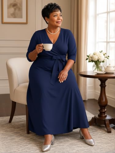 Image of SUZONANA Plus Size Maxi Dresses for Curcy Women Casual Loose 3 /4 Sleeve Long Dress with Belt