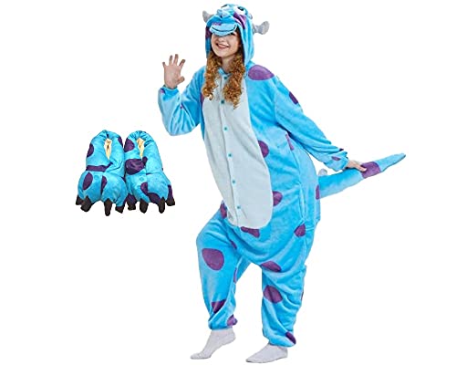 Kit Pijama Sullivan e Pantufa Importado Kigurumi Peludo Tamanho: M 1,51-1,62; Cor: Azul Estampado