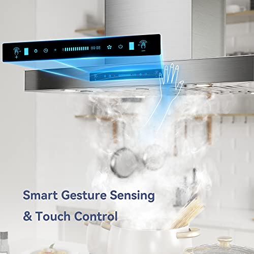 Iktch Upgrated 42"Island Mount Range Hood, 900 Cfm Ducted Range Hood With 4 Speed Fan, Stainless Steel Range Hood 42 Inch With Gesture Sensing & Touch Control Making Life Smarter Ikis02-42 #TOP3