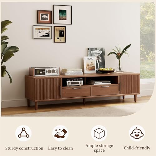 Image of Solid Sheesham Wooden Tv Unit with 2 Drawer, 2 Doors & 2 Shelf Storage | Media Console Tv Cabinet | Tv Stand Wih Elegant Design for Home Decor | (60 x 16 x 16 inches)