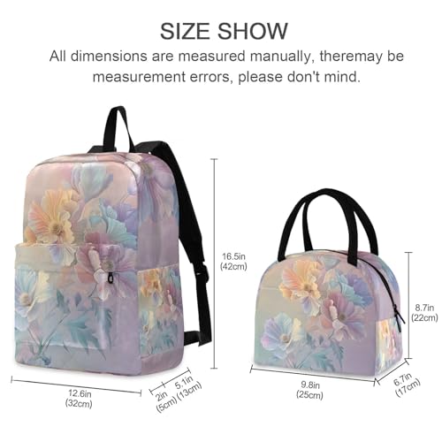 Backpack Lunch Bag Set Flowers Aesthetic Print, Big Storage Travel Backpacks with Insulated Lunch Box for Office Hiking Picnic2