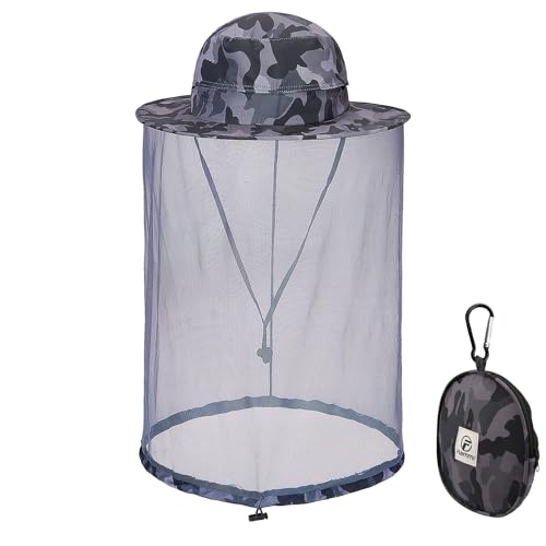 Flammi Mosquito Head Net Hat Fishing Hat w/Head Net UPF 50+ Sun Protection Safari Boonie Hat Cap Outdoor for Men/Women (Camo-Dark Grey)