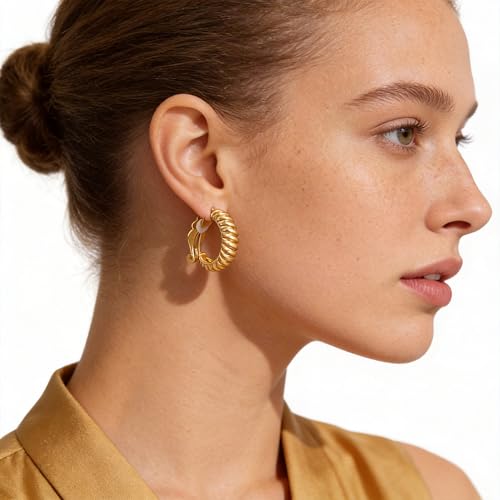 Image of Gold Clip On Hoop Earrings for Women, 18K Gold Plated Eco-Friendly Alloy Non-Pierced Ear Clips, Hypoallergenic Sustainable Fashion Jewelry for Daily & Party Wear