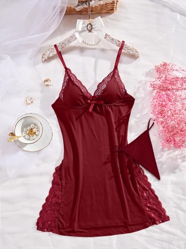 Image of Foxiny Sexy Split Side Floral Lace Trim Full Slip Night Gown Babydoll Lingerie Dress with Thong 2 piece
