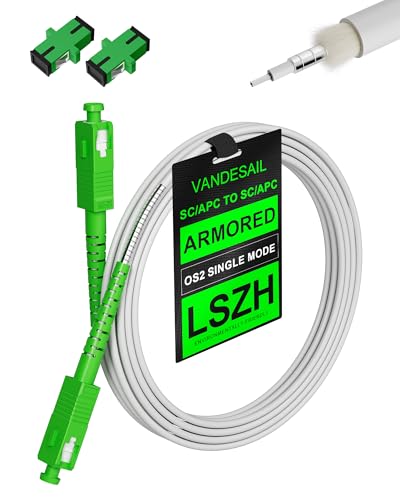 VANDESAIL SC (Angled Physical Contact) Fiber Optic Internet Cable, OS2 Armored SC Fiber Patch Cable Single Mode with 2 Couplers, OS1 Compatible for Data Centers, LSZH White – 20M(65.6FT)