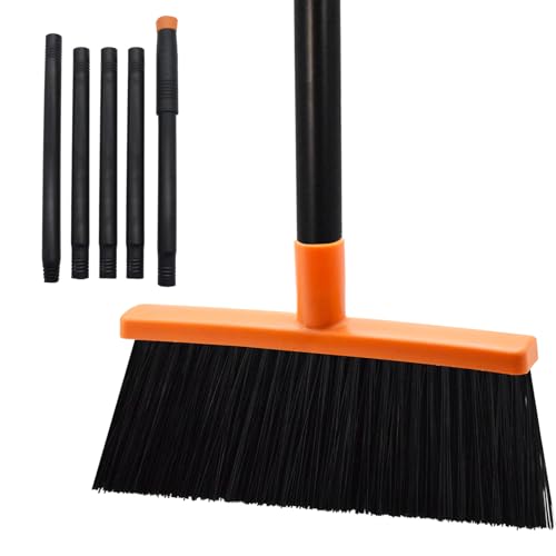 BSMstone Small Broom Stiff Bristles Brush with Long Handle Indoor or Outdoor Compact Broom for Sweeping Patio Garage Garden,Deck,Concrete Floor,Bathroom (Orange)