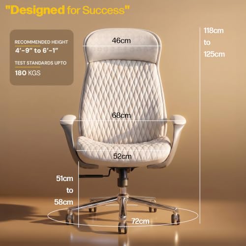 Image of DROGO Levante Ergonomic Office Chair for Work from Home with Bionic Curve Design | High Back Executive Boss Chair, Double Padded Armrest, Genuine Vegan Leather, Heavy Metal Base, 145 Recline (Beige)