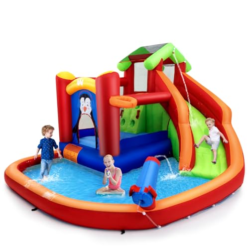 COSTWAY Castello Gonfiabile per Bambini, Con Scivolo, Trampolino, Piscina e Canestro da Basket, per 3 Bambini di 3-10 Anni, Con Borsa di Trasporto e Kit di Riparazione, 370 x 300 x 190 cm (Modello 1)