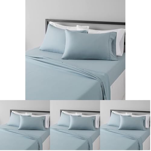 Image of Amazon Basics Lightweight Breathable Super Soft Wrinkle-Free Easy Care Brushed Microfiber 4 Piece Bed Sheet Set with 14-Inch Deep Pockets, Queen, Spa Blue, Solid (Pack of 4)