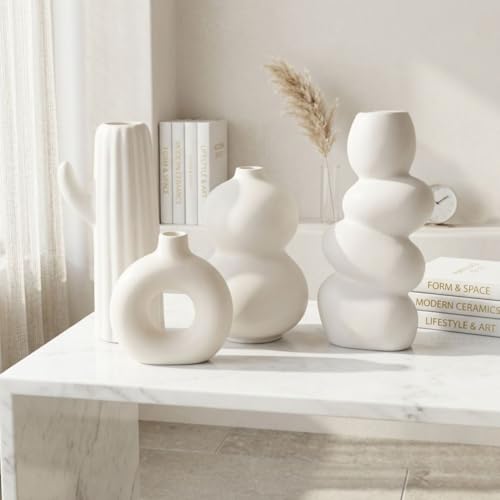 Image of Modern Ceramic Vase Set of 4 | Nordic Minimalist Donut, Bubble, Twisted & Cactus Design Decorative Flower Vases | Matte White Home Decor for Living Room, Center Table & Shelf