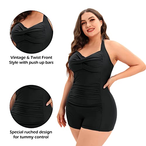 American Trends Women's Plus Size One Piece Bathing Suits Retro Tummy Control Swimsuit Ruched Boyshort Swimwear Black 2Xl #TOP3